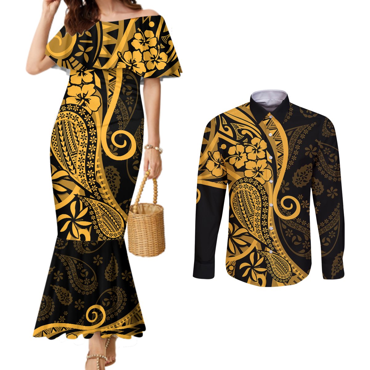 Gold Polynesia Paisley Couples Matching Mermaid Dress and Long Sleeve Button Shirt Polynesian With Tropical Flowers LT14 Gold - Polynesian Pride