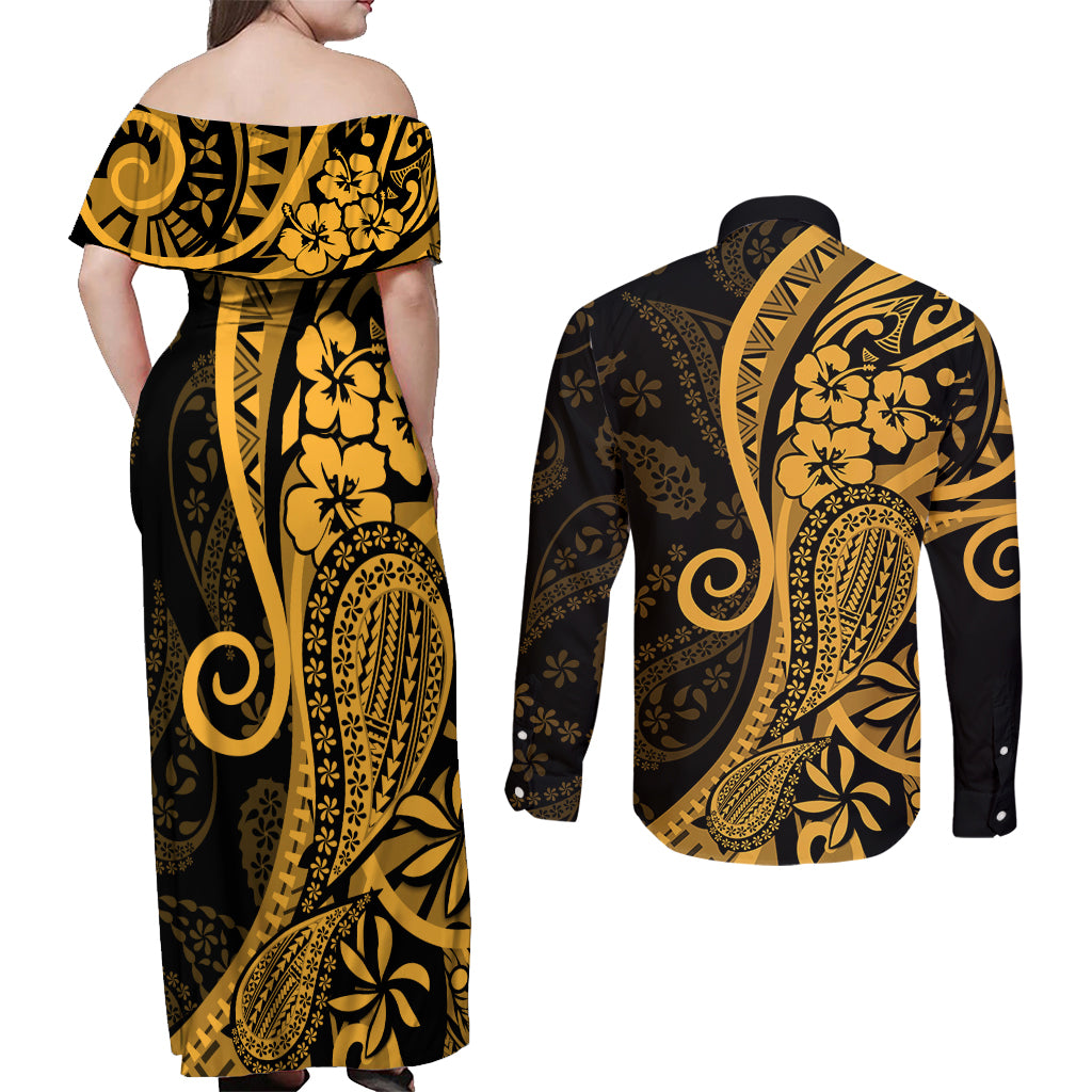 Gold Polynesia Paisley Couples Matching Off Shoulder Maxi Dress and Long Sleeve Button Shirt Polynesian With Tropical Flowers LT14 - Polynesian Pride