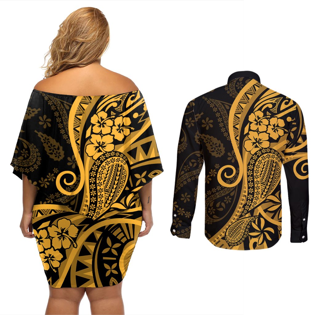 Gold Polynesia Paisley Couples Matching Off Shoulder Short Dress and Long Sleeve Button Shirt Polynesian With Tropical Flowers LT14 - Polynesian Pride