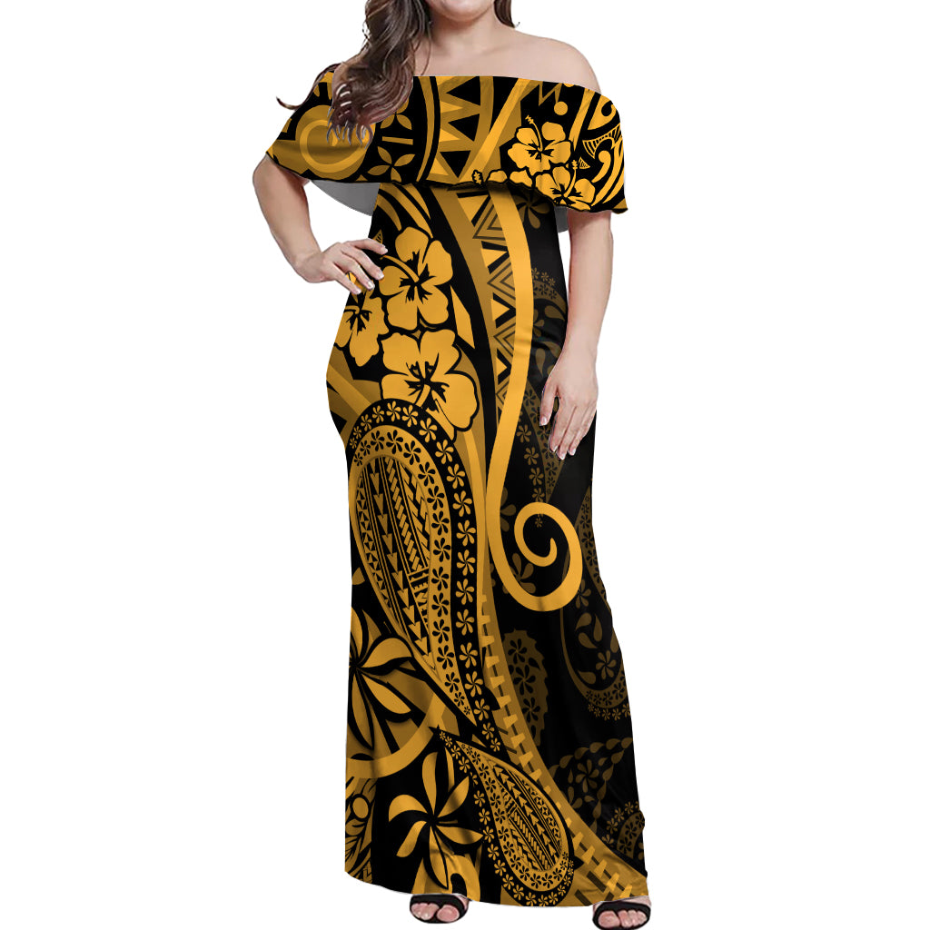 Gold Polynesia Paisley Off Shoulder Maxi Dress Polynesian With Tropical Flowers LT14 Women Gold - Polynesian Pride