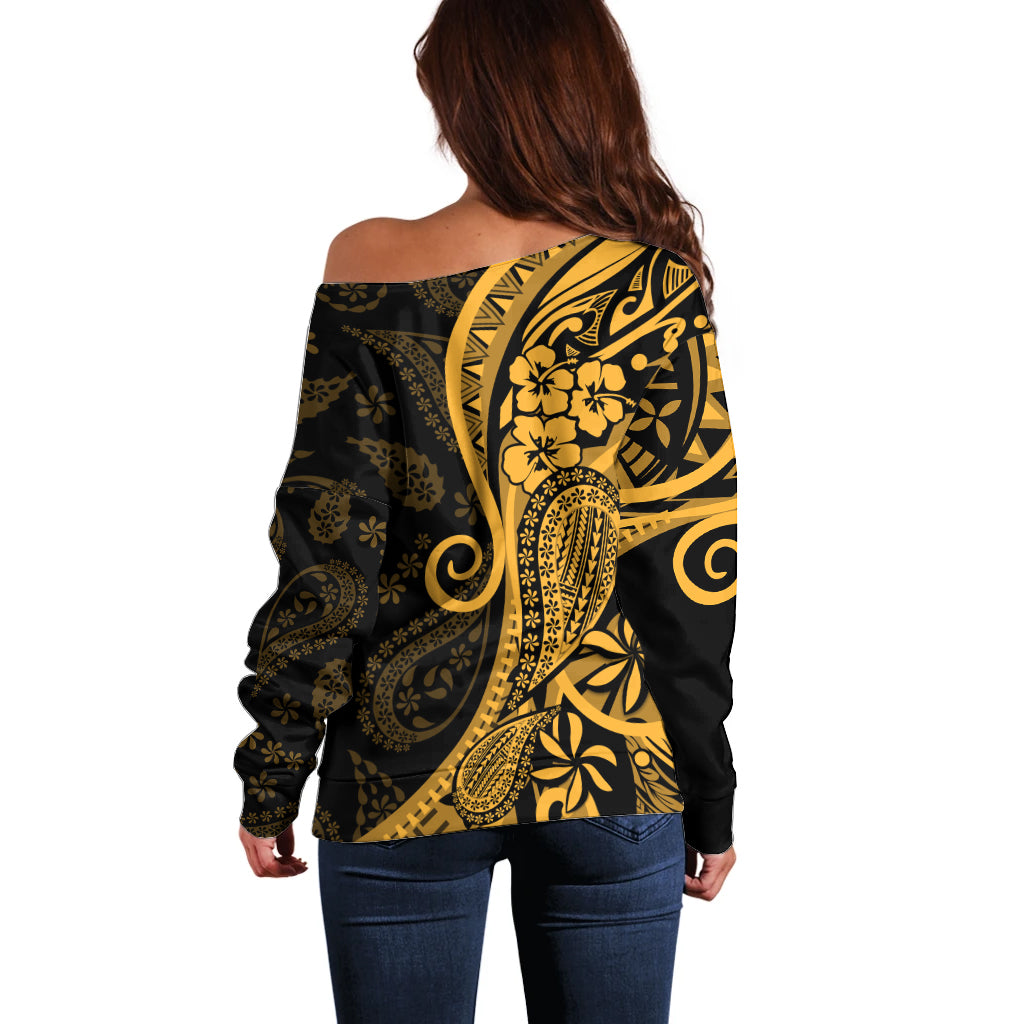 Gold Polynesia Paisley Off Shoulder Sweater Polynesian With Tropical Flowers LT14 - Polynesian Pride