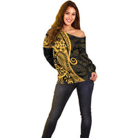 Gold Polynesia Paisley Off Shoulder Sweater Polynesian With Tropical Flowers LT14 - Polynesian Pride
