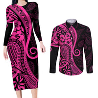 Pink Polynesia Paisley Couples Matching Long Sleeve Bodycon Dress and Long Sleeve Button Shirt Polynesian With Tropical Flowers LT14 Pink - Polynesian Pride