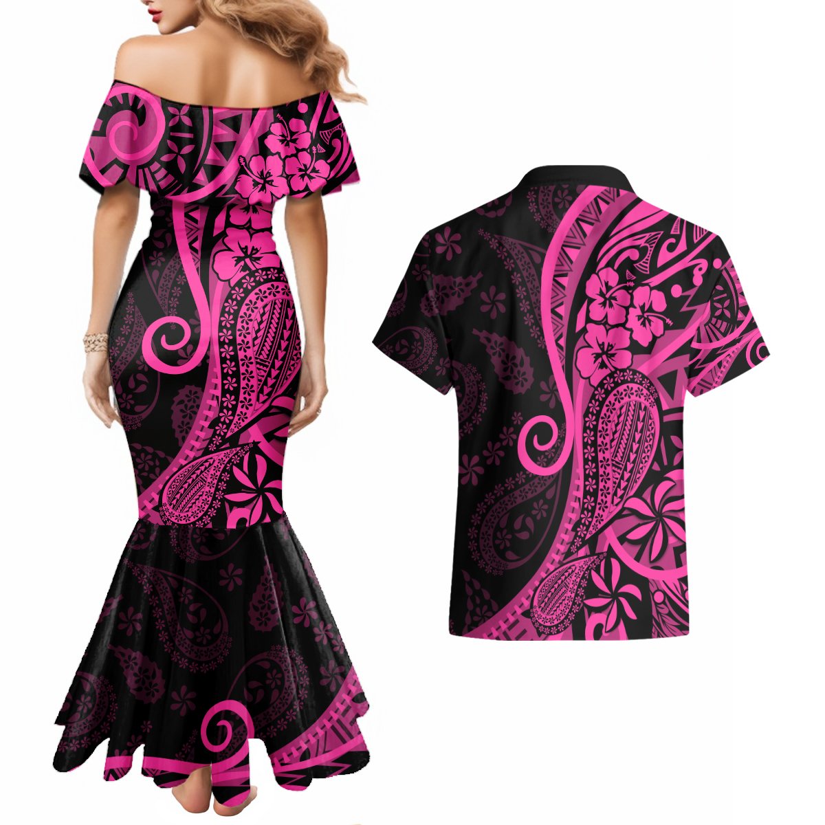 Pink Polynesia Paisley Couples Matching Mermaid Dress and Hawaiian Shirt Polynesian With Tropical Flowers LT14 - Polynesian Pride