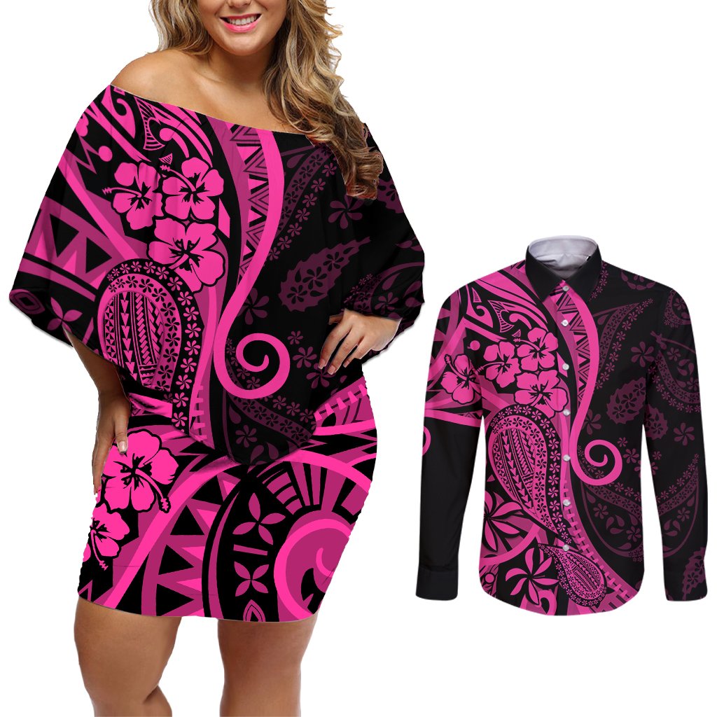 Pink Polynesia Paisley Couples Matching Off Shoulder Short Dress and Long Sleeve Button Shirt Polynesian With Tropical Flowers LT14 Pink - Polynesian Pride