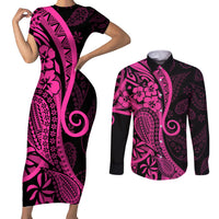Pink Polynesia Paisley Couples Matching Short Sleeve Bodycon Dress and Long Sleeve Button Shirt Polynesian With Tropical Flowers LT14 Pink - Polynesian Pride