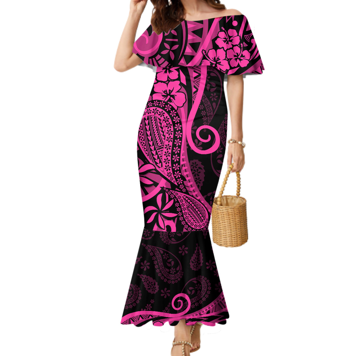 Pink Polynesia Paisley Family Matching Mermaid Dress and Hawaiian Shirt Polynesian With Tropical Flowers LT14 Mom's Dress Pink - Polynesian Pride