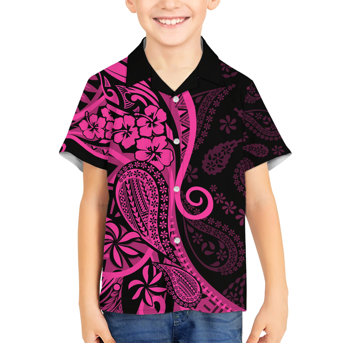 Pink Polynesia Paisley Family Matching Summer Maxi Dress and Hawaiian Shirt Polynesian With Tropical Flowers LT14 Son's Shirt Pink - Polynesian Pride