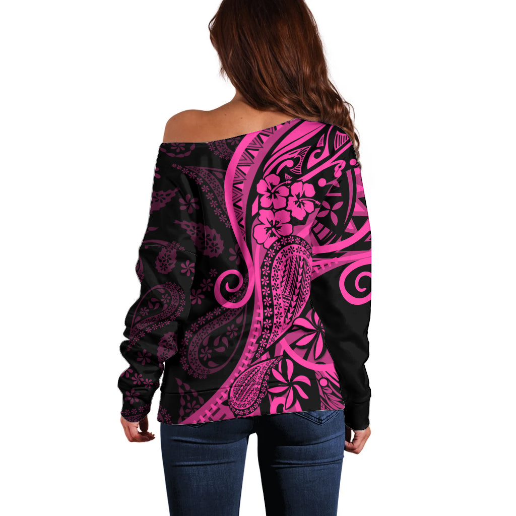 Pink Polynesia Paisley Off Shoulder Sweater Polynesian With Tropical Flowers LT14 - Polynesian Pride
