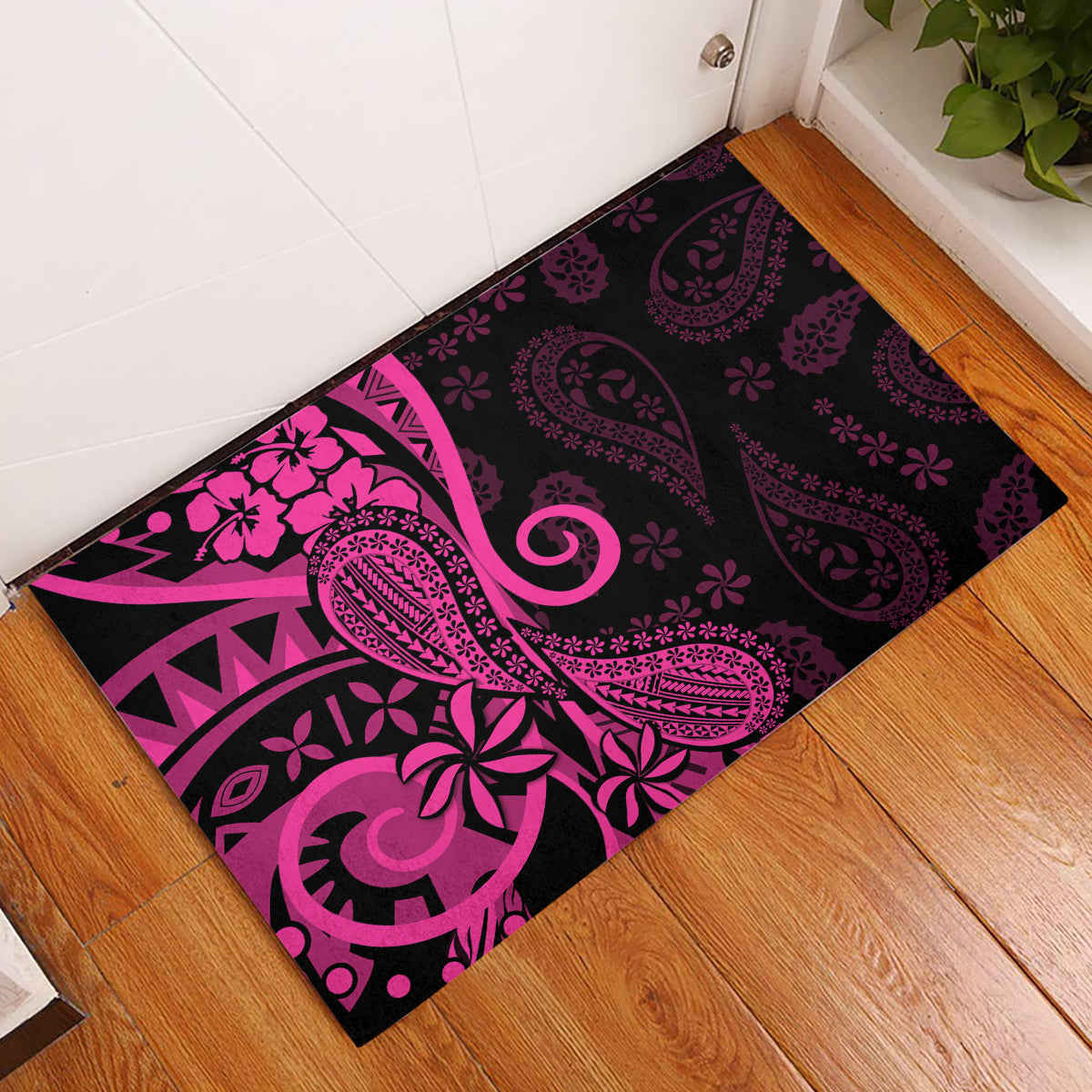 Pink Polynesia Paisley Rubber Doormat Polynesian With Tropical Flowers LT14 Pink - Polynesian Pride
