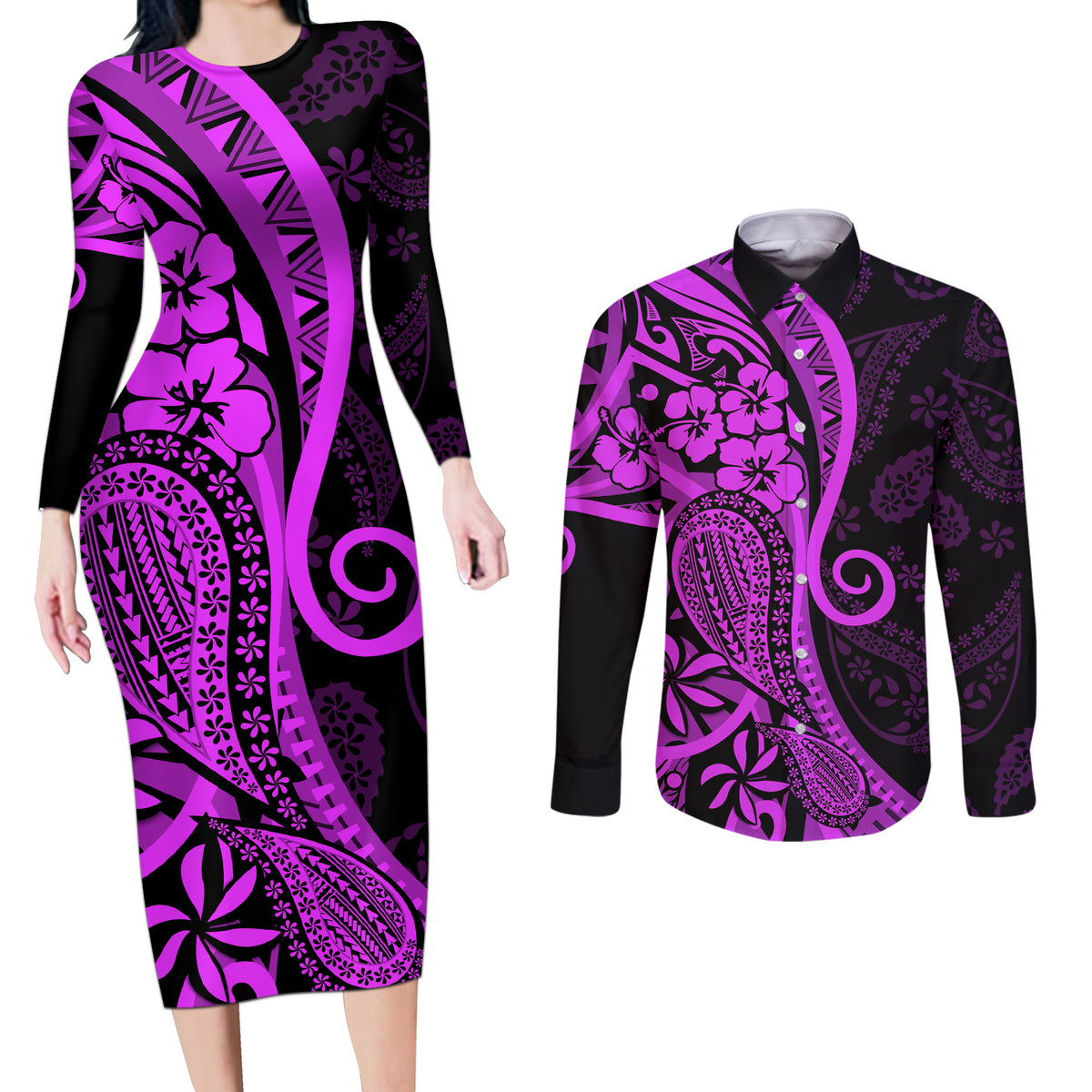 Polynesia Paisley Couples Matching Long Sleeve Bodycon Dress and Long Sleeve Button Shirt Polynesian With Tropical Flowers - Purple LT14 Purple - Polynesian Pride