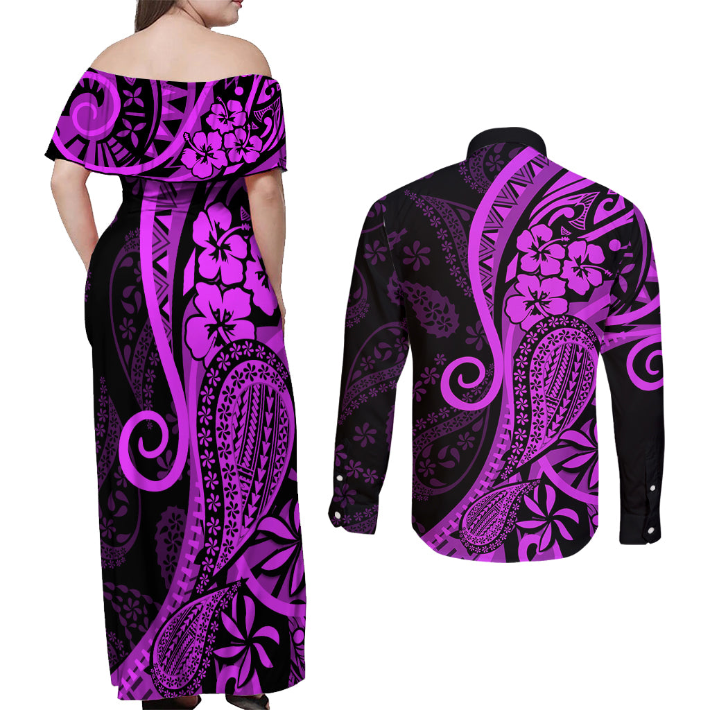 Polynesia Paisley Couples Matching Off Shoulder Maxi Dress and Long Sleeve Button Shirt Polynesian With Tropical Flowers - Purple LT14 - Polynesian Pride