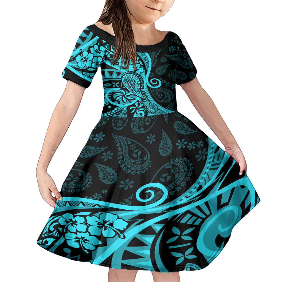 Polynesia Paisley Family Matching Short Sleeve Bodycon Dress and Hawaiian Shirt Polynesian With Tropical Flowers - Turquoise LT14 Daughter's Dress Turquoise - Polynesian Pride