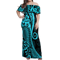 Polynesia Paisley Off Shoulder Maxi Dress Polynesian With Tropical Flowers - Turquoise LT14 Women Turquoise - Polynesian Pride