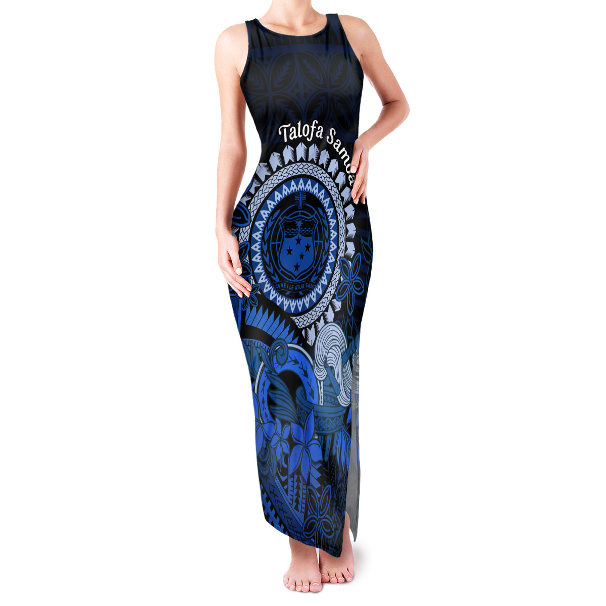 Talofa Samoa Family Matching Tank Maxi Dress and Hawaiian Shirt Samoan Kava Bowl Siapo Pattern - Blue LT14 Mom's Dress Blue - Polynesian Pride