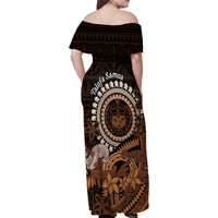 Talofa Samoa Family Matching Off Shoulder Maxi Dress and Hawaiian Shirt Samoan Kava Bowl Siapo Pattern - Brown LT14 - Polynesian Pride