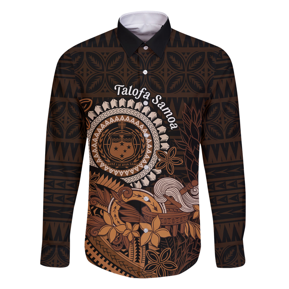 Talofa Samoa Family Matching Summer Maxi Dress and Hawaiian Shirt Samoan Kava Bowl Siapo Pattern - Brown LT14 Dad's Shirt - Long Sleeve Brown - Polynesian Pride