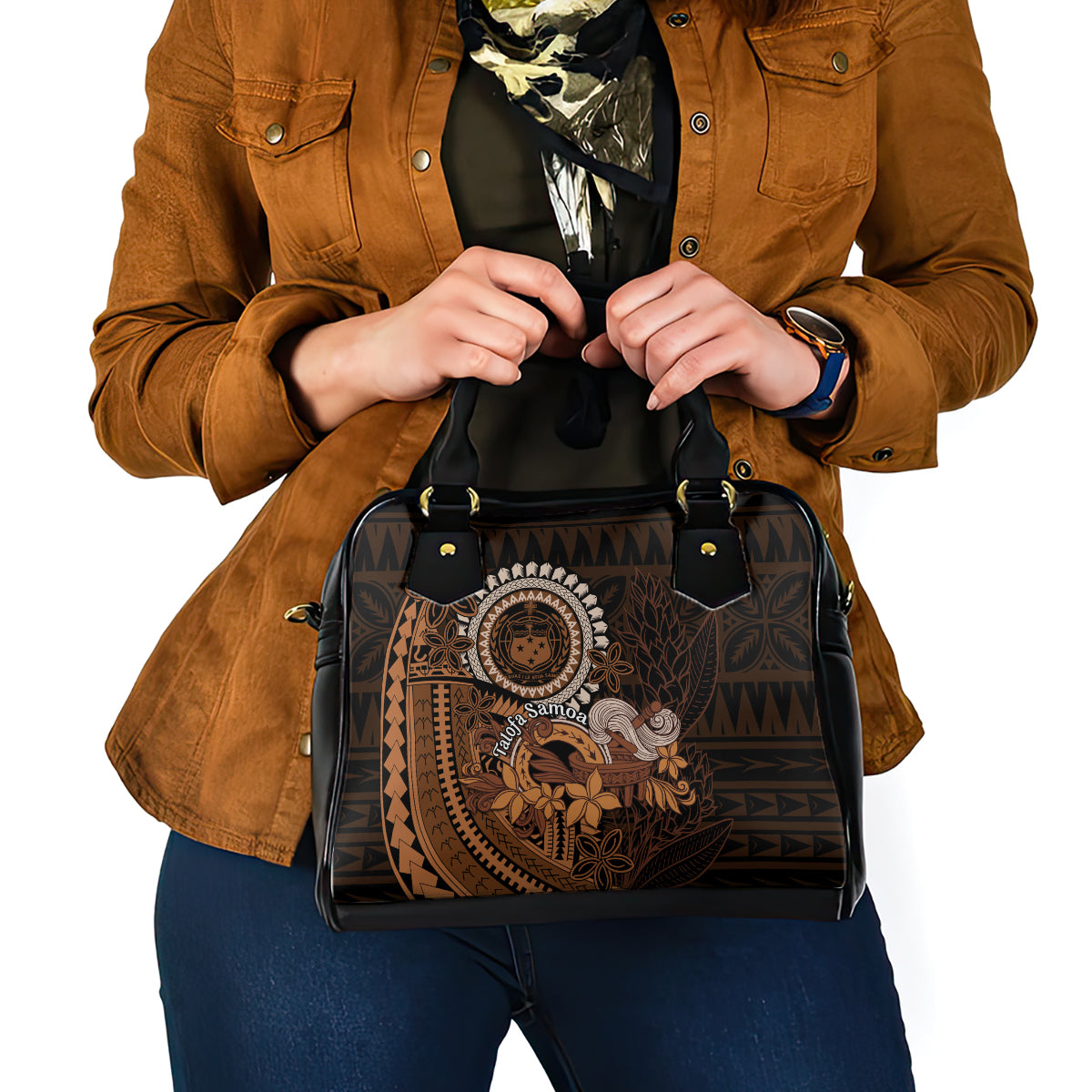 Talofa Samoa Shoulder Handbag Samoan Kava Bowl Siapo Pattern - Brown LT14 - Polynesian Pride
