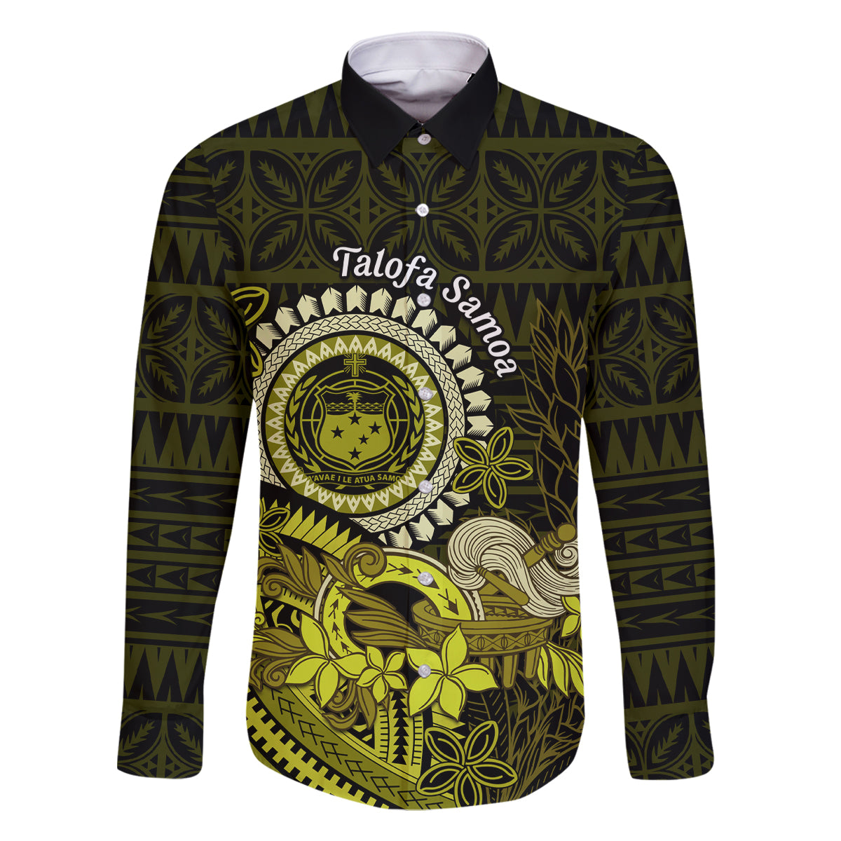 Lime Green Talofa Samoa Family Matching Off Shoulder Short Dress and Hawaiian Shirt Samoan Kava Bowl Siapo Pattern LT14 Dad's Shirt - Long Sleeve Lime Green - Polynesian Pride
