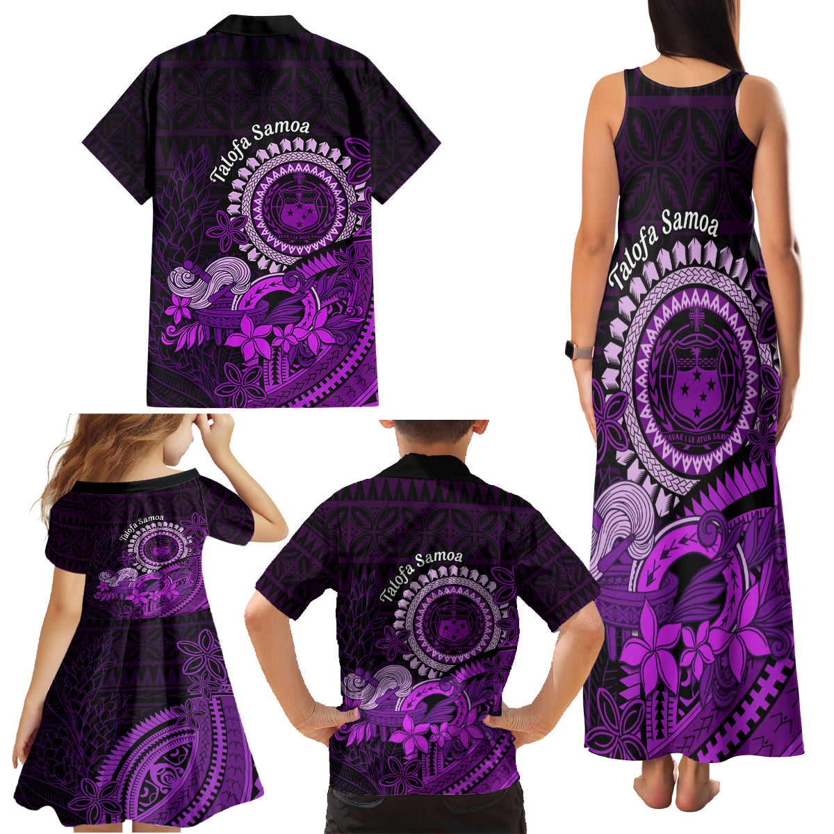 Purple Talofa Samoa Family Matching Tank Maxi Dress and Hawaiian Shirt Samoan Kava Bowl Siapo Pattern LT14 - Polynesian Pride