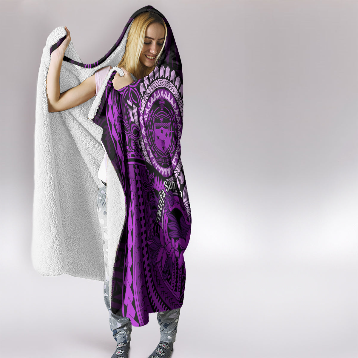Purple Talofa Samoa Hooded Blanket Samoan Kava Bowl Siapo Pattern LT14 - Polynesian Pride