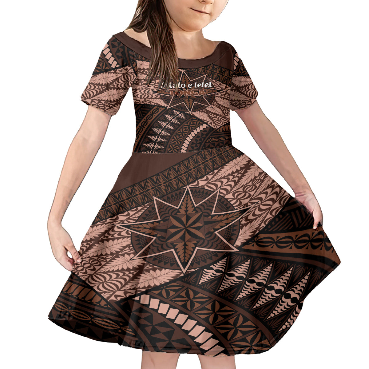 Malo e lelei Tonga Family Matching Tank Maxi Dress and Hawaiian Shirt Tongan Ngatu Pattern Vintage Vibes LT14 Daughter's Dress Brown - Polynesian Pride