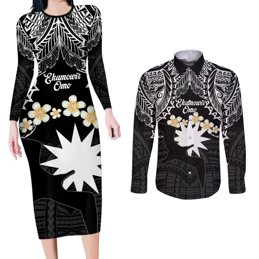 Ekamowir Omo Nauru Couples Matching Long Sleeve Bodycon Dress and Long Sleeve Button Shirt Naoero Twelve-pointed Star Polynesian Tattoo LT14 Black - Polynesian Pride
