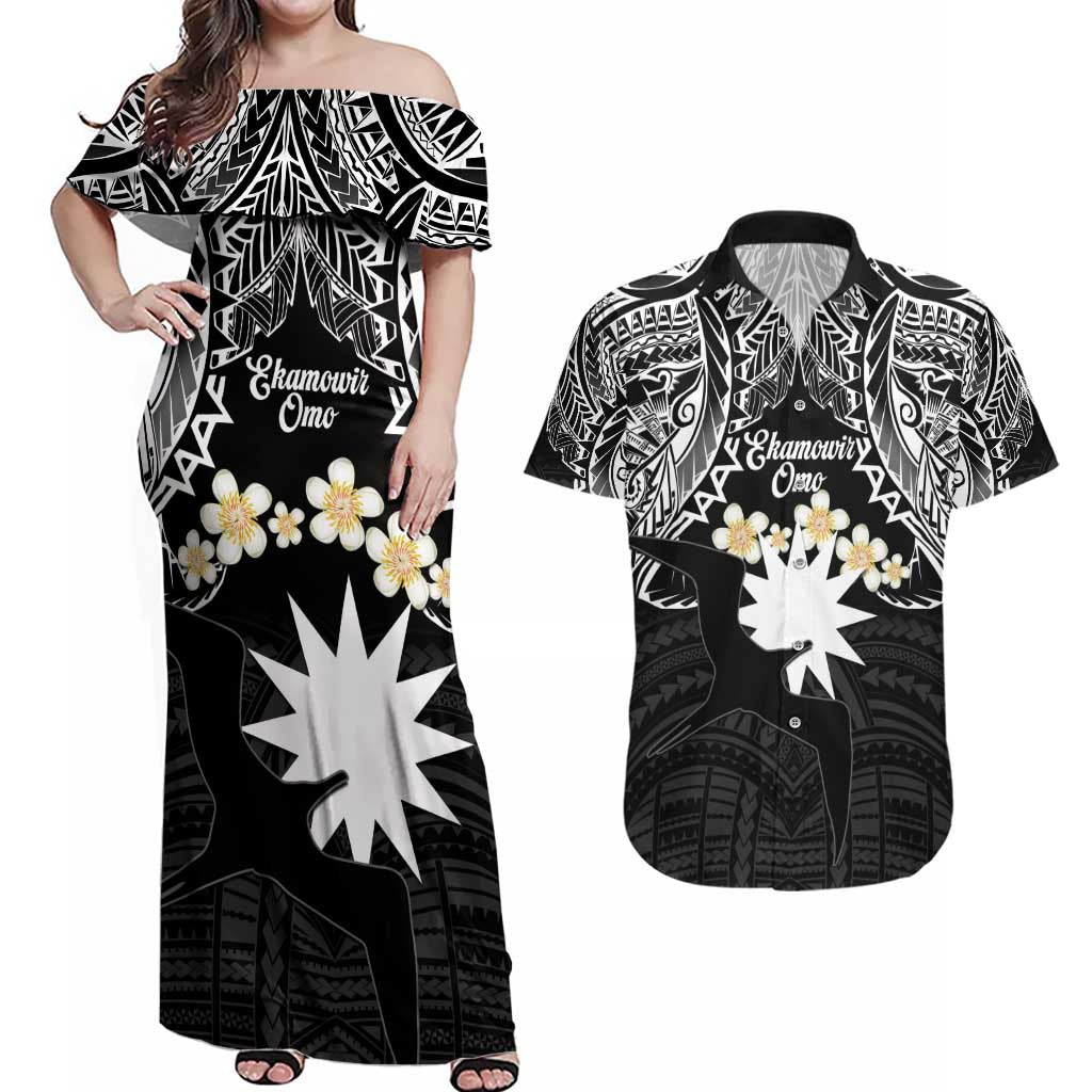 Ekamowir Omo Nauru Couples Matching Off Shoulder Maxi Dress and Hawaiian Shirt Naoero Twelve-pointed Star Polynesian Tattoo LT14 Black - Polynesian Pride