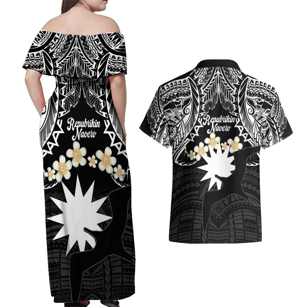 Ekamowir Omo Nauru Couples Matching Off Shoulder Maxi Dress and Hawaiian Shirt Naoero Twelve-pointed Star Polynesian Tattoo LT14 - Polynesian Pride
