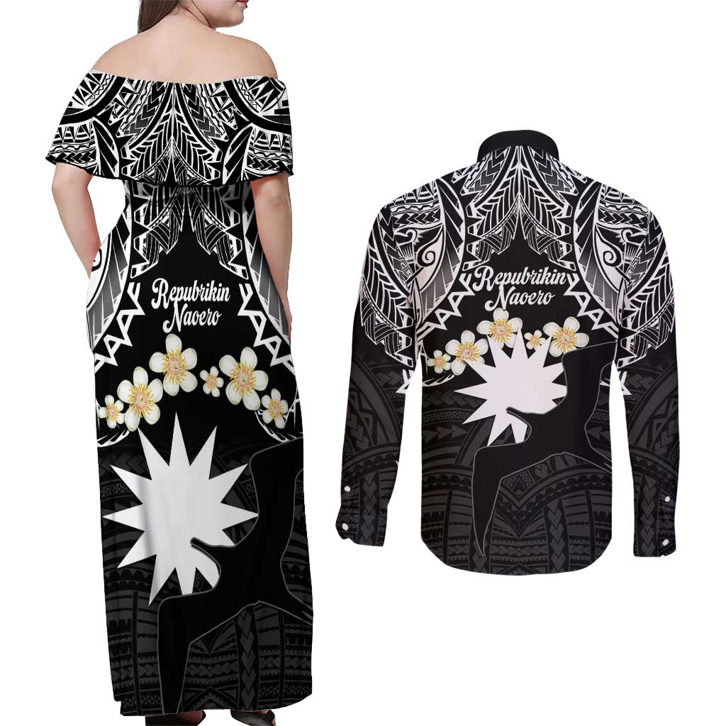 Ekamowir Omo Nauru Couples Matching Off Shoulder Maxi Dress and Long Sleeve Button Shirt Naoero Twelve-pointed Star Polynesian Tattoo LT14 - Polynesian Pride