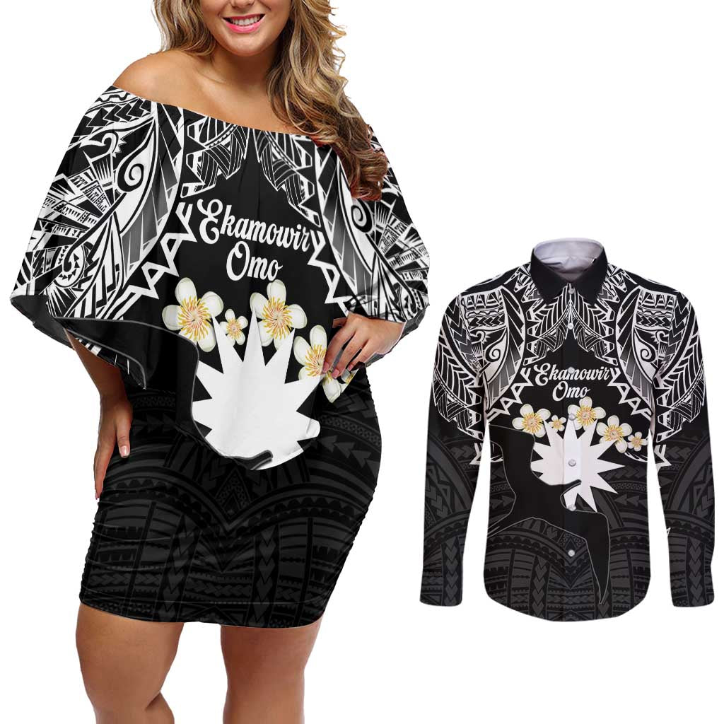 Ekamowir Omo Nauru Couples Matching Off Shoulder Short Dress and Long Sleeve Button Shirt Naoero Twelve-pointed Star Polynesian Tattoo LT14 Black - Polynesian Pride