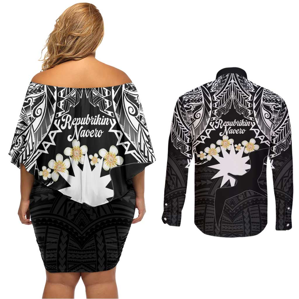 Ekamowir Omo Nauru Couples Matching Off Shoulder Short Dress and Long Sleeve Button Shirt Naoero Twelve-pointed Star Polynesian Tattoo LT14 - Polynesian Pride