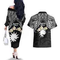 Ekamowir Omo Nauru Couples Matching Off The Shoulder Long Sleeve Dress and Hawaiian Shirt Naoero Twelve-pointed Star Polynesian Tattoo LT14 - Polynesian Pride