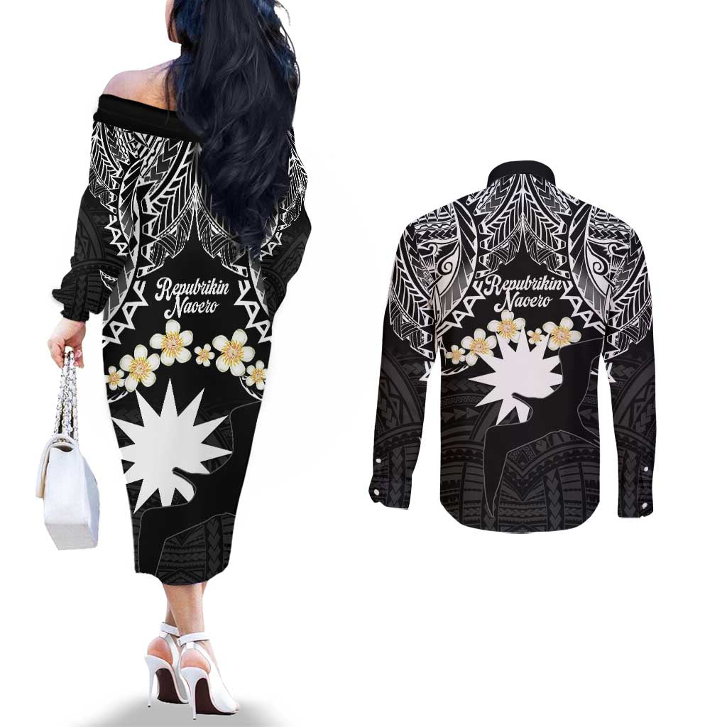 Ekamowir Omo Nauru Couples Matching Off The Shoulder Long Sleeve Dress and Long Sleeve Button Shirt Naoero Twelve-pointed Star Polynesian Tattoo LT14 - Polynesian Pride