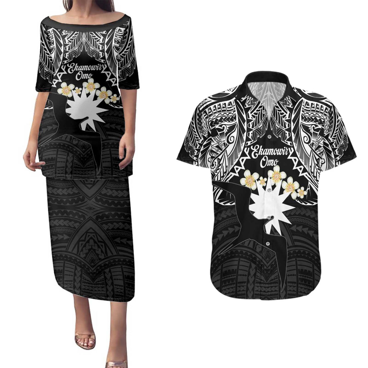 Ekamowir Omo Nauru Couples Matching Puletasi and Hawaiian Shirt Naoero Twelve-pointed Star Polynesian Tattoo LT14 Black - Polynesian Pride