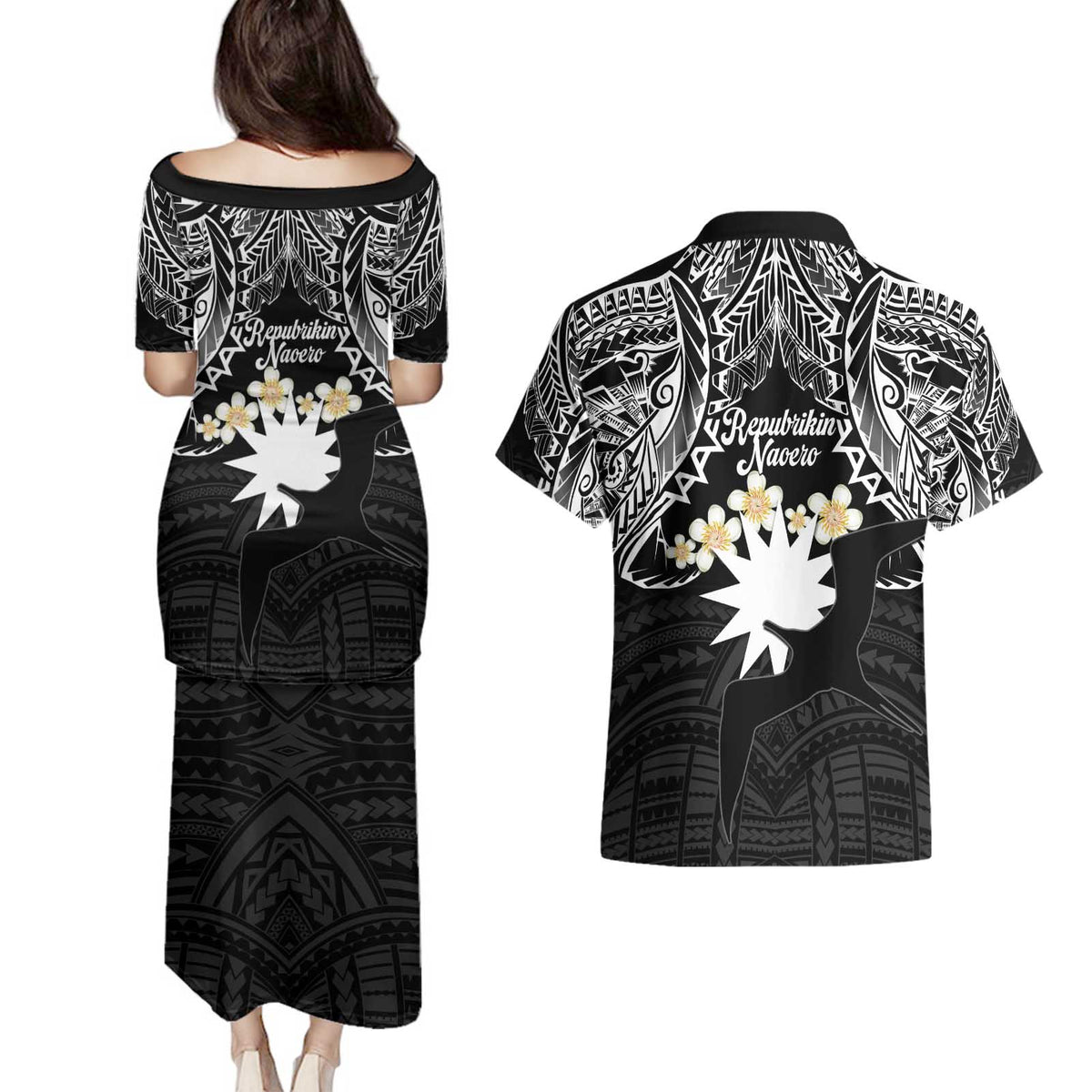 Ekamowir Omo Nauru Couples Matching Puletasi and Hawaiian Shirt Naoero Twelve-pointed Star Polynesian Tattoo LT14 - Polynesian Pride