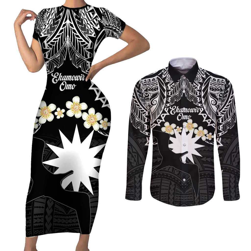 Ekamowir Omo Nauru Couples Matching Short Sleeve Bodycon Dress and Long Sleeve Button Shirt Naoero Twelve-pointed Star Polynesian Tattoo LT14 Black - Polynesian Pride