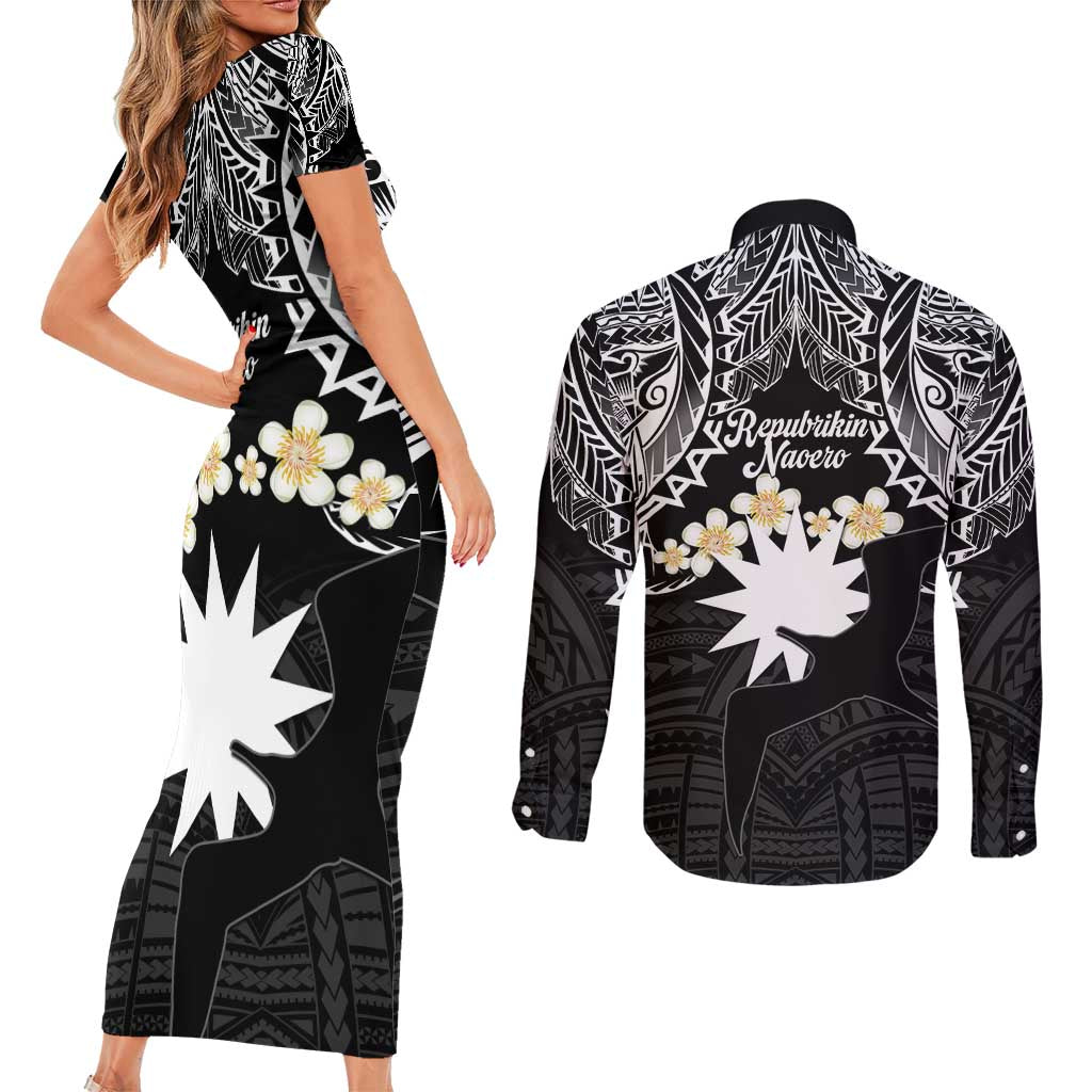 Ekamowir Omo Nauru Couples Matching Short Sleeve Bodycon Dress and Long Sleeve Button Shirt Naoero Twelve-pointed Star Polynesian Tattoo LT14 - Polynesian Pride