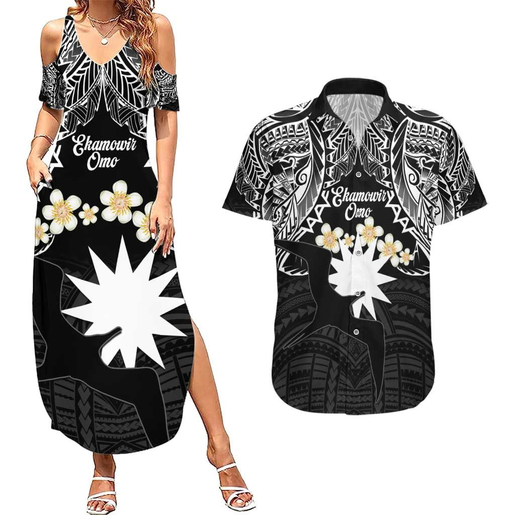 Ekamowir Omo Nauru Couples Matching Summer Maxi Dress and Hawaiian Shirt Naoero Twelve-pointed Star Polynesian Tattoo LT14 Black - Polynesian Pride