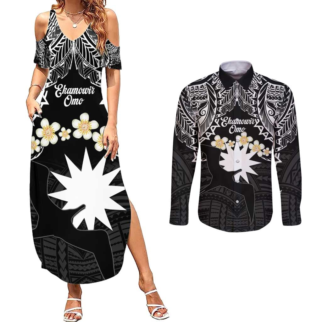 Ekamowir Omo Nauru Couples Matching Summer Maxi Dress and Long Sleeve Button Shirt Naoero Twelve-pointed Star Polynesian Tattoo LT14 Black - Polynesian Pride