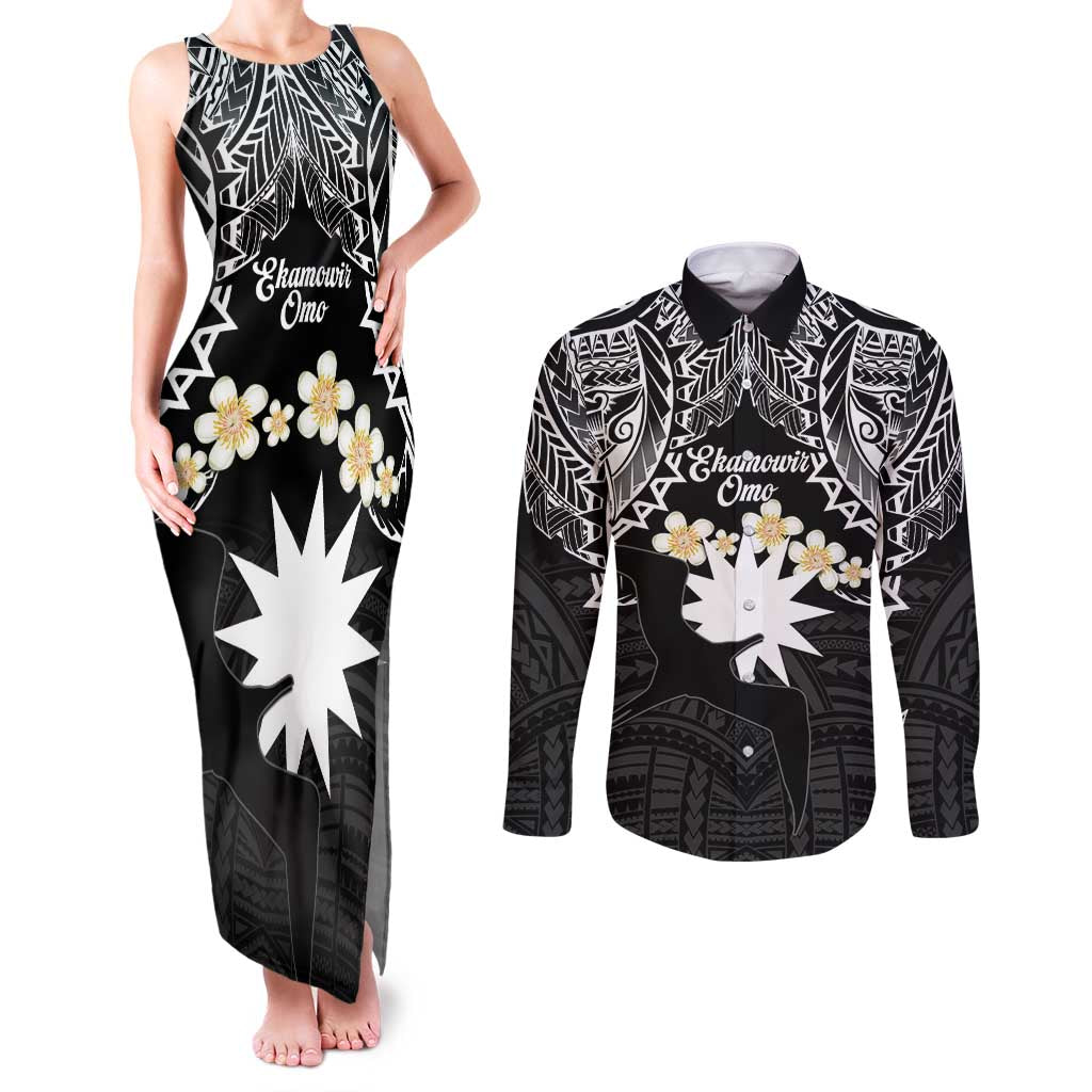 Ekamowir Omo Nauru Couples Matching Tank Maxi Dress and Long Sleeve Button Shirt Naoero Twelve-pointed Star Polynesian Tattoo LT14 Black - Polynesian Pride