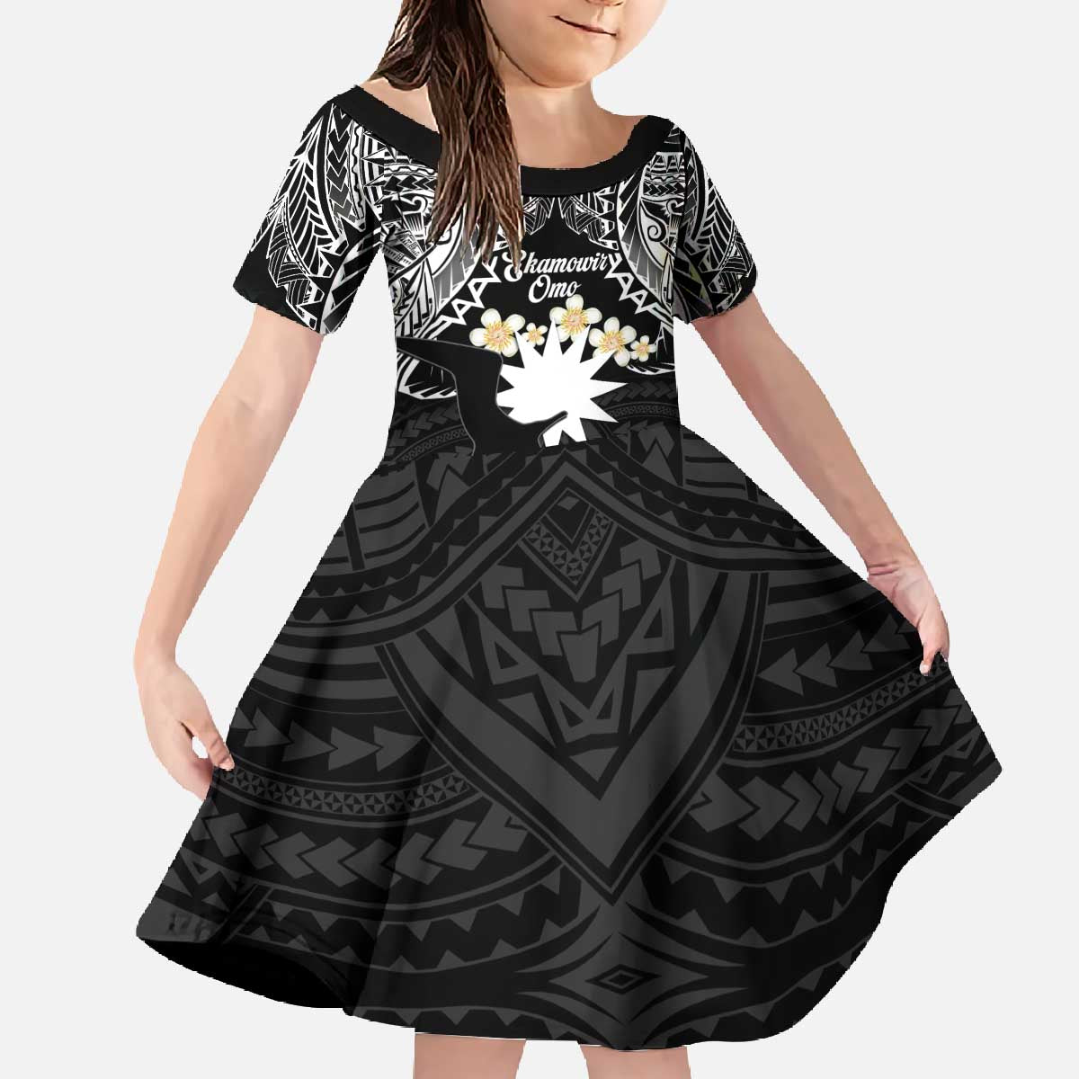 Ekamowir Omo Nauru Family Matching Off The Shoulder Long Sleeve Dress and Hawaiian Shirt Naoero Twelve-pointed Star Polynesian Tattoo LT14 Daughter's Dress Black - Polynesian Pride