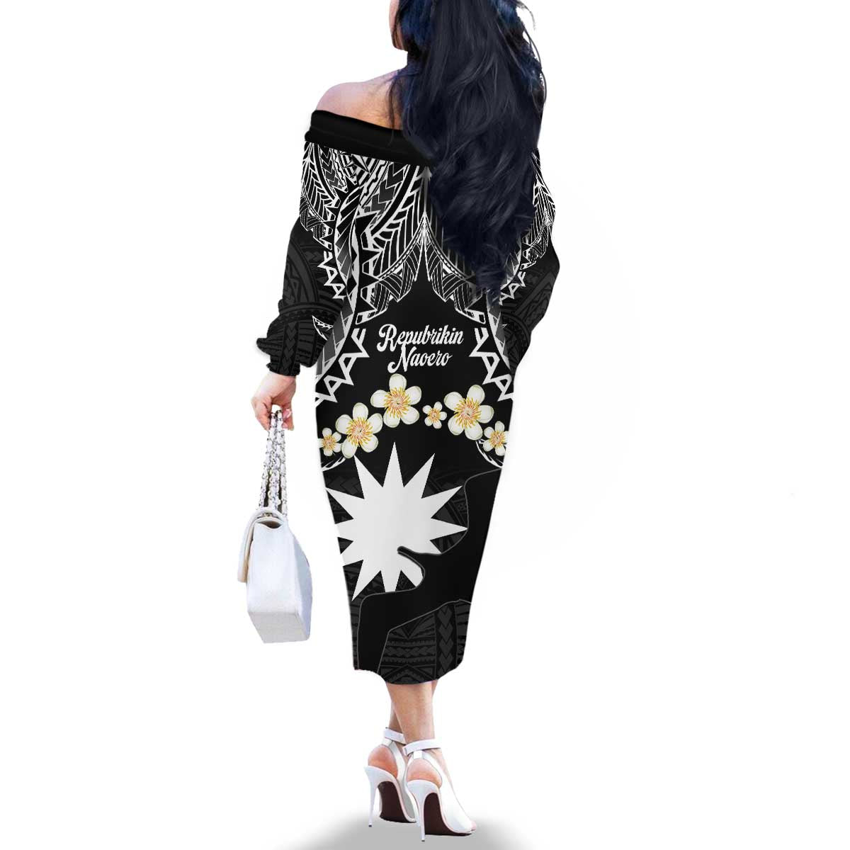 Ekamowir Omo Nauru Family Matching Off The Shoulder Long Sleeve Dress and Hawaiian Shirt Naoero Twelve-pointed Star Polynesian Tattoo LT14 - Polynesian Pride