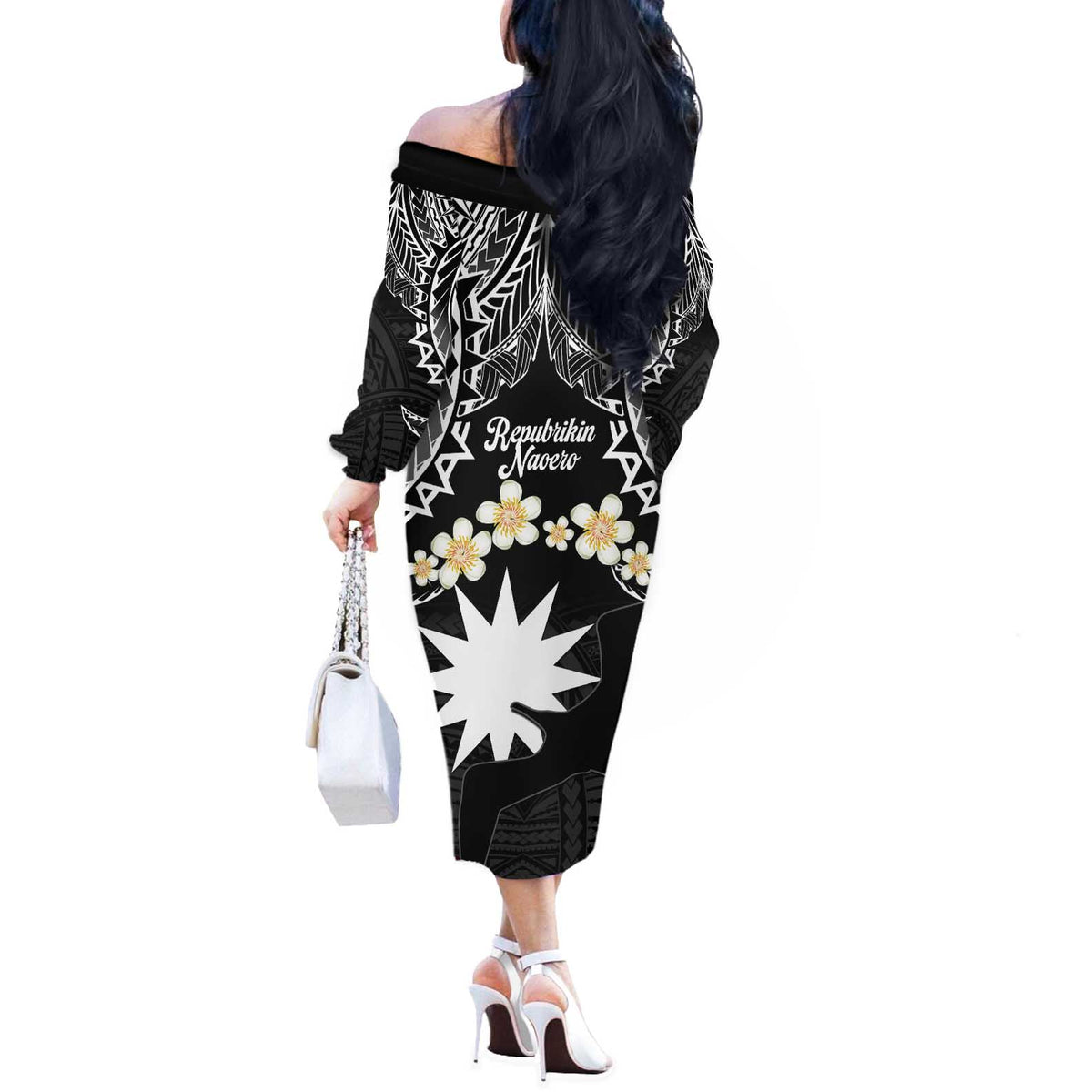 Ekamowir Omo Nauru Off The Shoulder Long Sleeve Dress Naoero Twelve-pointed Star Polynesian Tattoo LT14 - Polynesian Pride