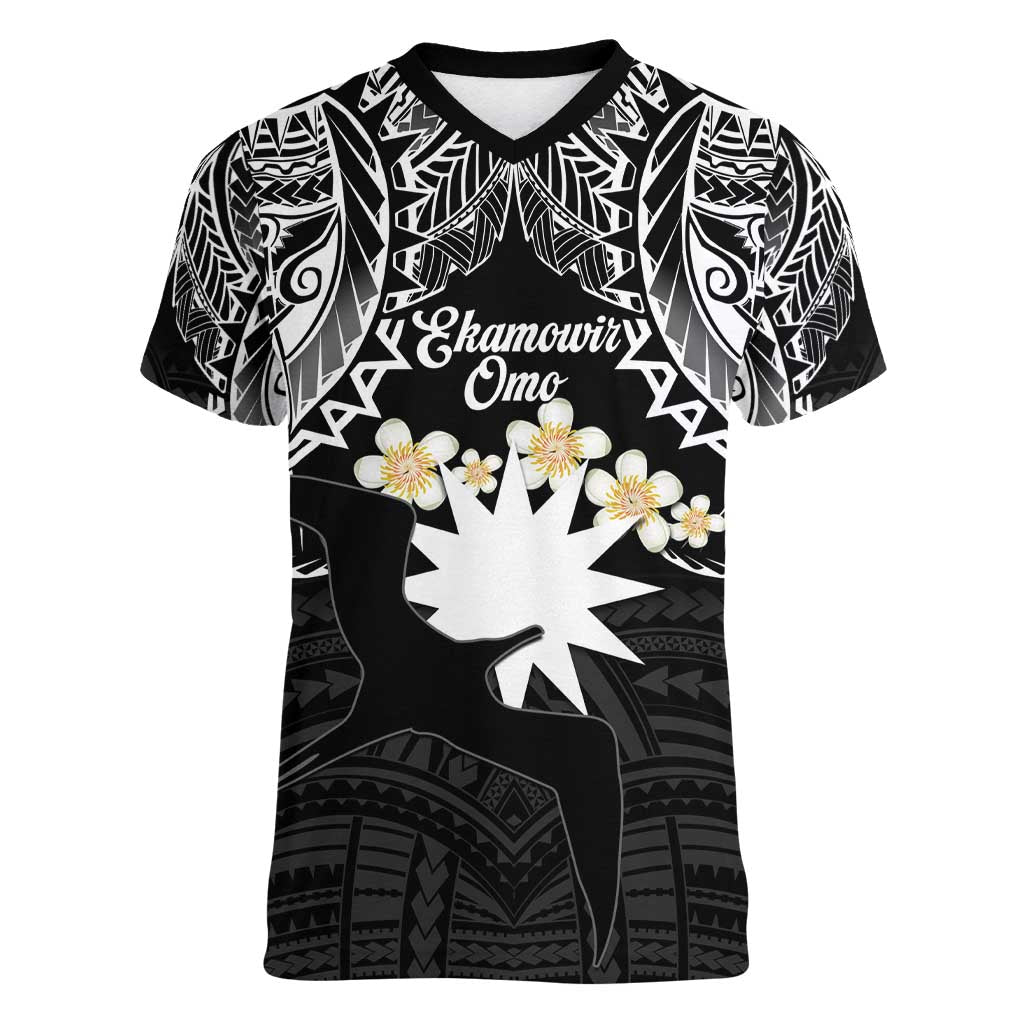 Ekamowir Omo Nauru Women V-Neck T-Shirt Naoero Twelve-pointed Star Polynesian Tattoo LT14 Female Black - Polynesian Pride