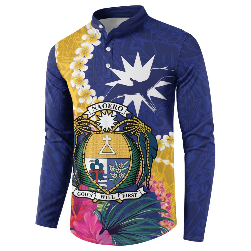 Nauru Independence Day Button Sweatshirt Coat Of Arms With Tropical Flowers LT14 - Polynesian Pride
