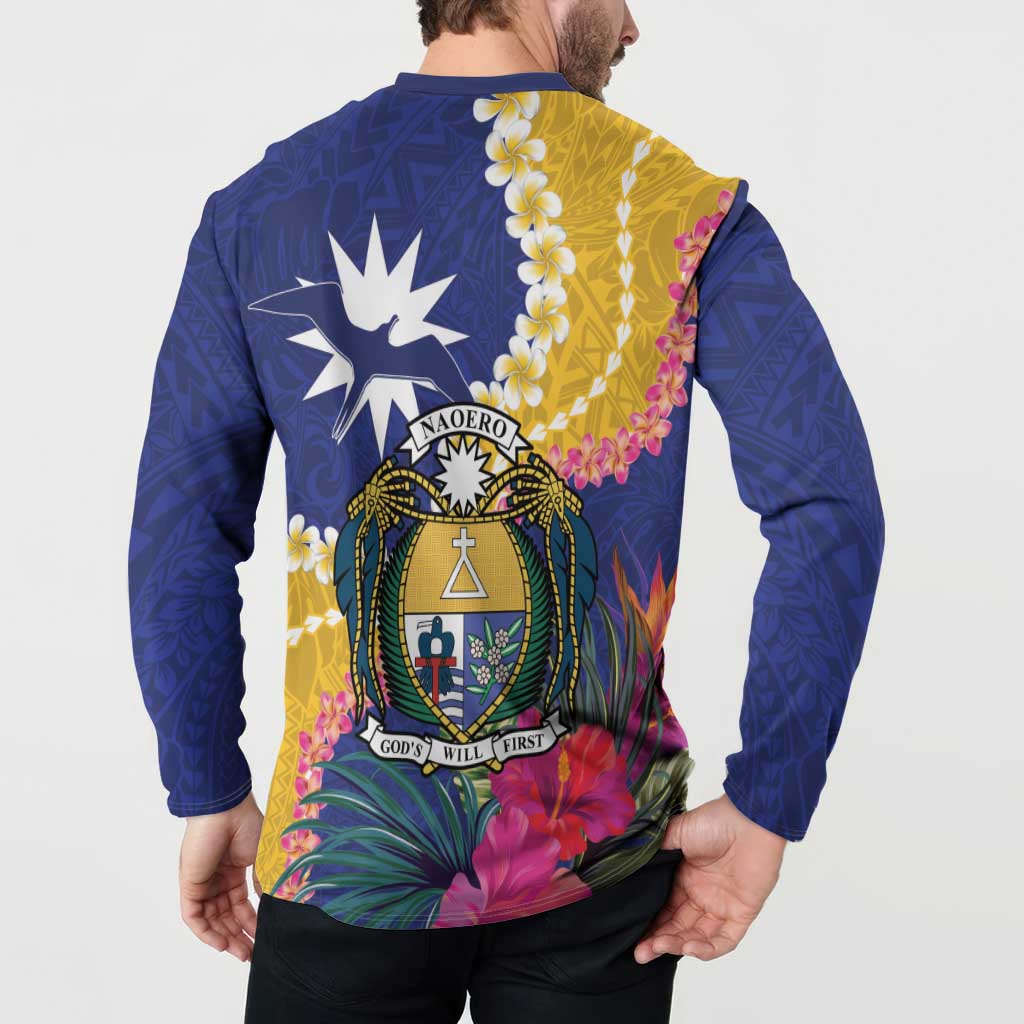 Nauru Independence Day Button Sweatshirt Coat Of Arms With Tropical Flowers LT14 - Polynesian Pride