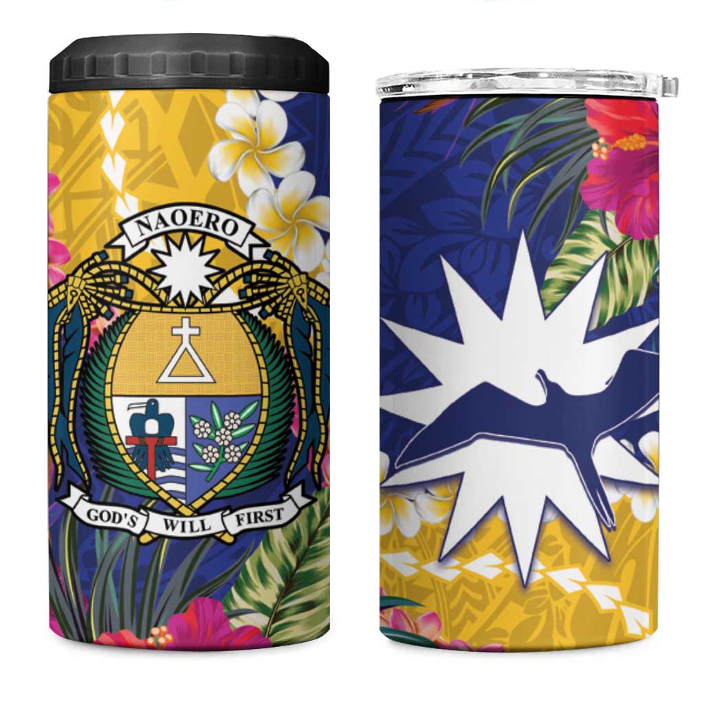 Nauru Independence Day 4 in 1 Can Cooler Tumbler Coat Of Arms With Tropical Flowers LT14 One Size: 16 oz Blue - Polynesian Pride