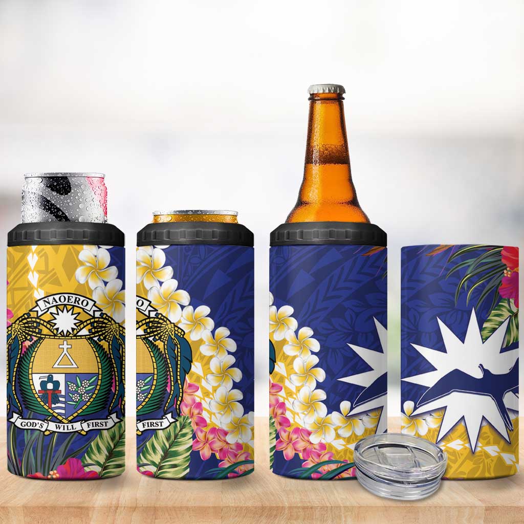 Nauru Independence Day 4 in 1 Can Cooler Tumbler Coat Of Arms With Tropical Flowers LT14 - Polynesian Pride