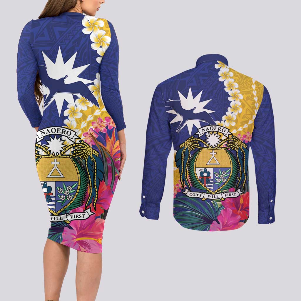 Nauru Independence Day Couples Matching Long Sleeve Bodycon Dress and Long Sleeve Button Shirt Coat Of Arms With Tropical Flowers LT14 - Polynesian Pride